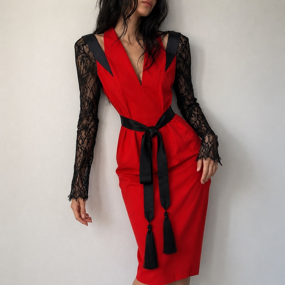 Amanda Wakeley Red Black Lace Cutout Midi Dress Size 4 Dark Romance Goth